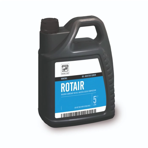 Image d'un bidon de 5L d'huile pour compresseur à vis Rotair, une huile synthétique haute performance pour les compresseurs à vis.